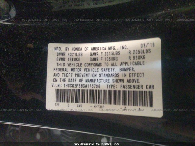 Photo 8 VIN: 1HGCR2F58GA175796 - HONDA ACCORD SEDAN 