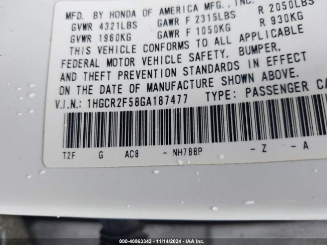 Photo 8 VIN: 1HGCR2F58GA187477 - HONDA ACCORD 