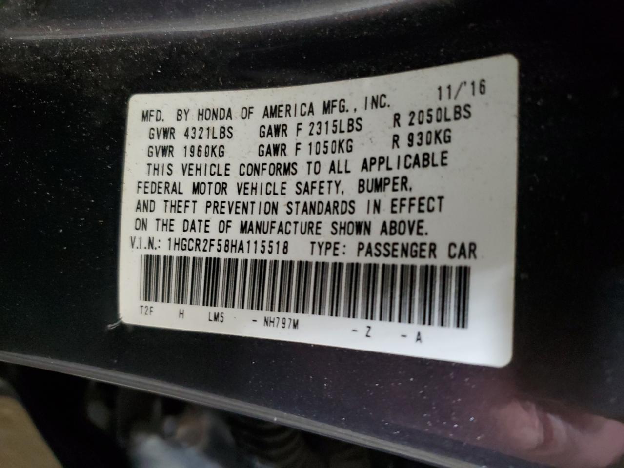 Photo 11 VIN: 1HGCR2F58HA115518 - HONDA ACCORD 