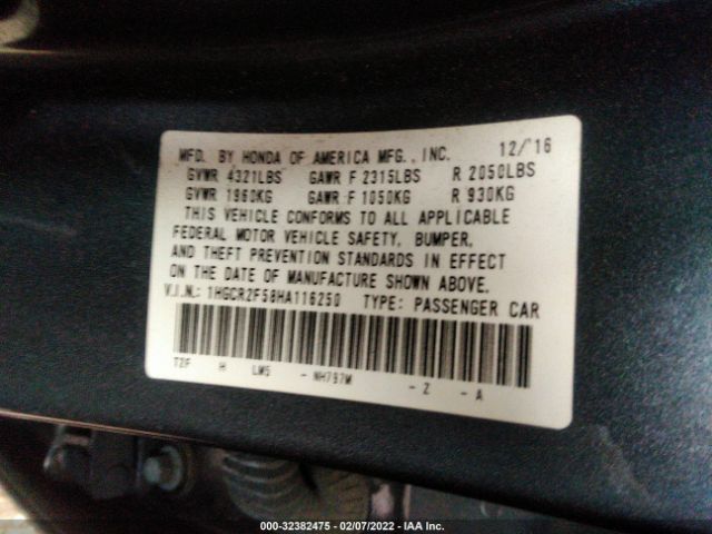 Photo 8 VIN: 1HGCR2F58HA116250 - HONDA ACCORD SEDAN 