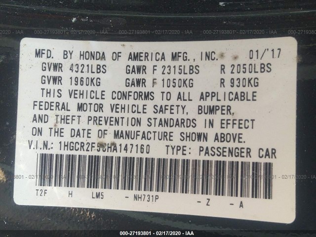 Photo 8 VIN: 1HGCR2F58HA147160 - HONDA ACCORD SEDAN 