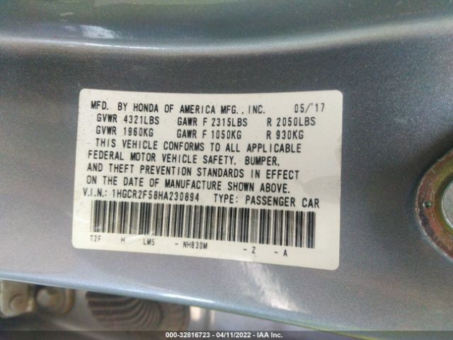 Photo 8 VIN: 1HGCR2F58HA230894 - HONDA ACCORD SEDAN 