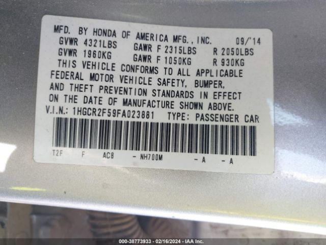 Photo 8 VIN: 1HGCR2F59FA023881 - HONDA ACCORD 