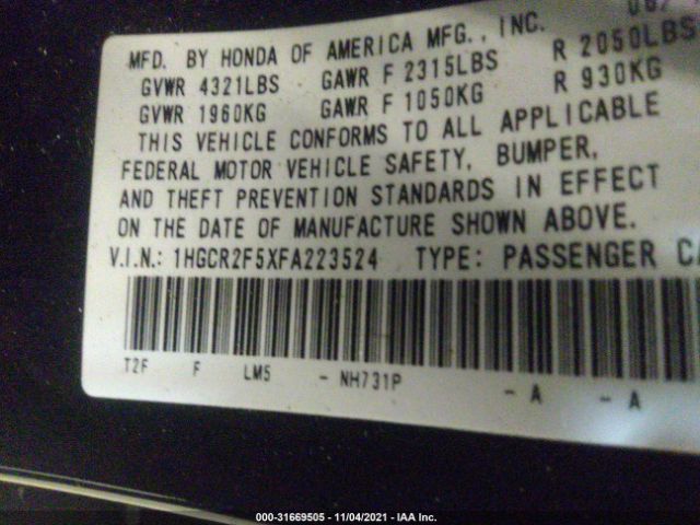 Photo 8 VIN: 1HGCR2F5XFA223524 - HONDA ACCORD SEDAN 