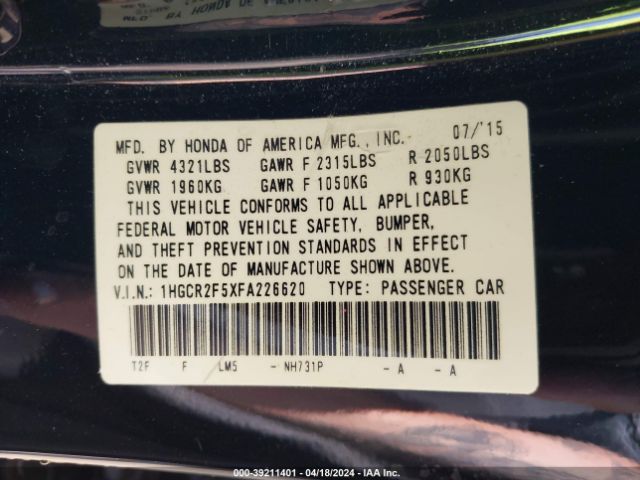 Photo 8 VIN: 1HGCR2F5XFA226620 - HONDA ACCORD 