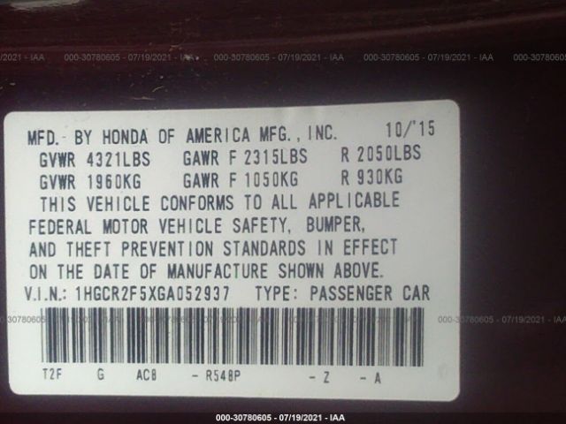 Photo 8 VIN: 1HGCR2F5XGA052937 - HONDA ACCORD SEDAN 