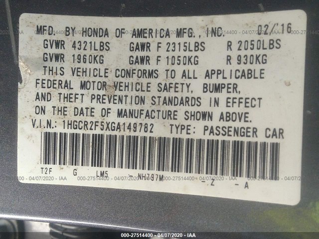 Photo 8 VIN: 1HGCR2F5XGA149782 - HONDA ACCORD SEDAN 