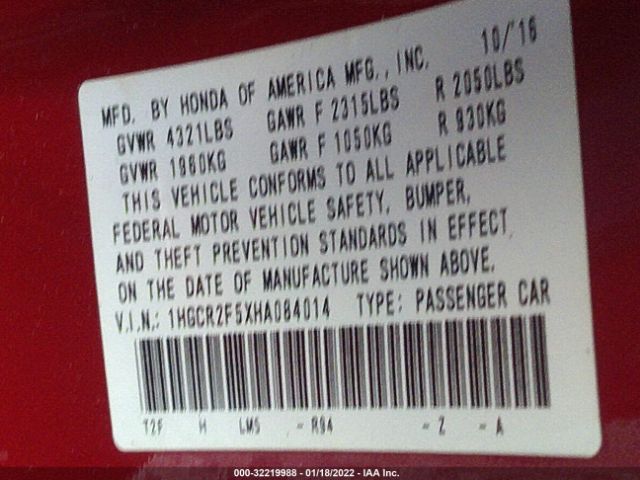 Photo 8 VIN: 1HGCR2F5XHA084014 - HONDA ACCORD SEDAN 