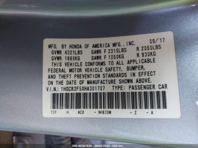 Photo 8 VIN: 1HGCR2F5XHA301707 - HONDA ACCORD 