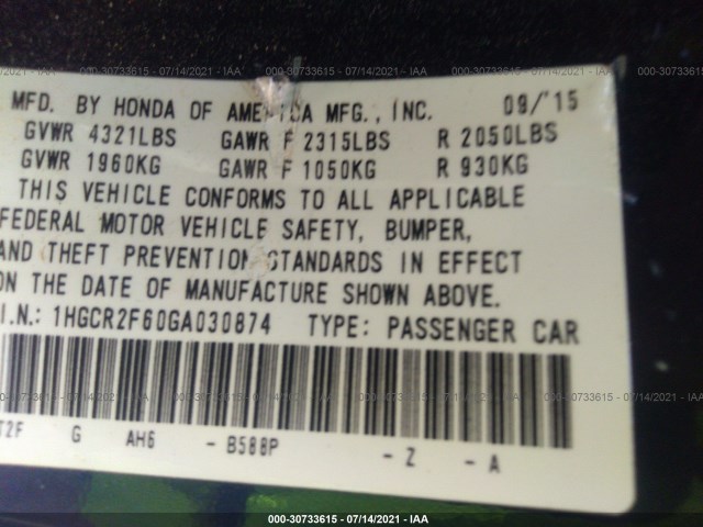 Photo 8 VIN: 1HGCR2F60GA030874 - HONDA ACCORD SEDAN 