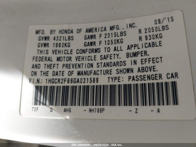 Photo 8 VIN: 1HGCR2F66GA031589 - HONDA ACCORD 