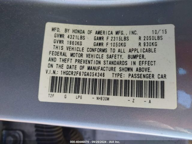 Photo 8 VIN: 1HGCR2F67GA054346 - HONDA ACCORD 