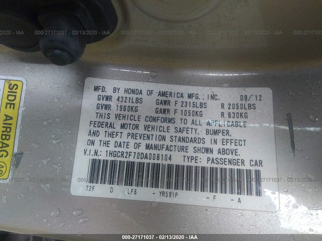 Photo 8 VIN: 1HGCR2F70DA008104 - HONDA ACCORD SDN 