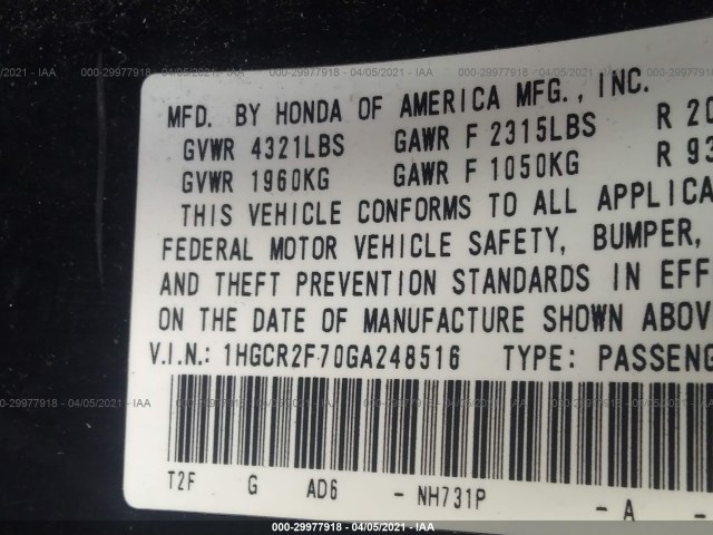 Photo 8 VIN: 1HGCR2F70GA248516 - HONDA ACCORD SEDAN 