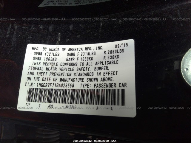 Photo 8 VIN: 1HGCR2F71GA028558 - HONDA ACCORD SEDAN 