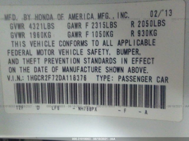 Photo 8 VIN: 1HGCR2F72DA118376 - HONDA ACCORD SDN 