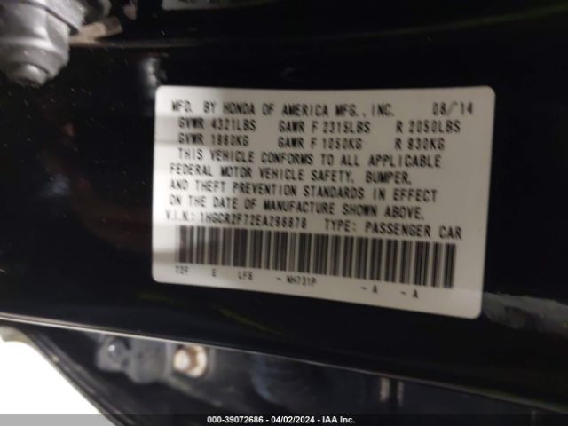 Photo 8 VIN: 1HGCR2F72EA298878 - HONDA ACCORD 