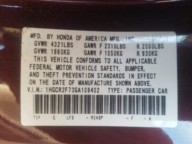 Photo 9 VIN: 1HGCR2F73GA109402 - HONDA ACCORD EX 