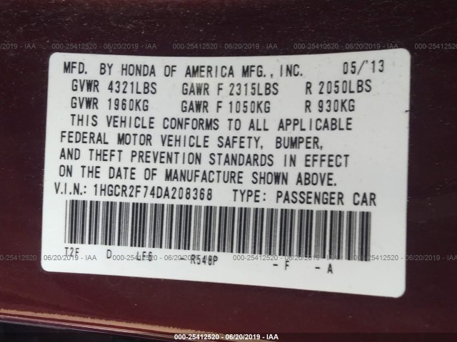 Photo 8 VIN: 1HGCR2F74DA208368 - HONDA ACCORD SDN 