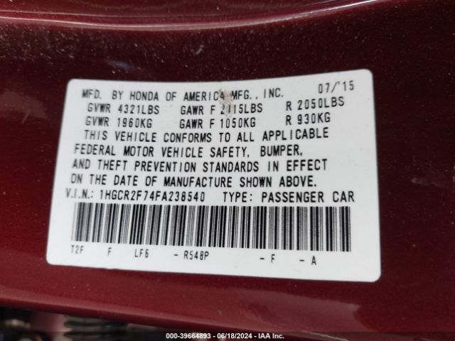 Photo 8 VIN: 1HGCR2F74FA238540 - HONDA ACCORD 