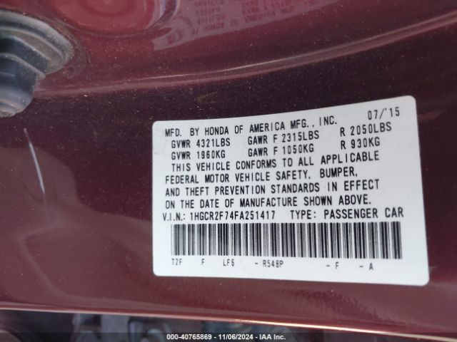 Photo 8 VIN: 1HGCR2F74FA251417 - HONDA ACCORD 