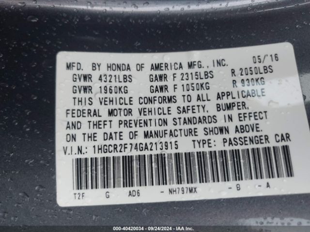 Photo 8 VIN: 1HGCR2F74GA213915 - HONDA ACCORD 