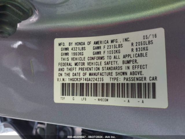 Photo 8 VIN: 1HGCR2F74GA224235 - HONDA ACCORD 