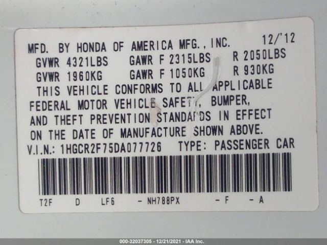 Photo 8 VIN: 1HGCR2F75DA077726 - HONDA ACCORD SDN 