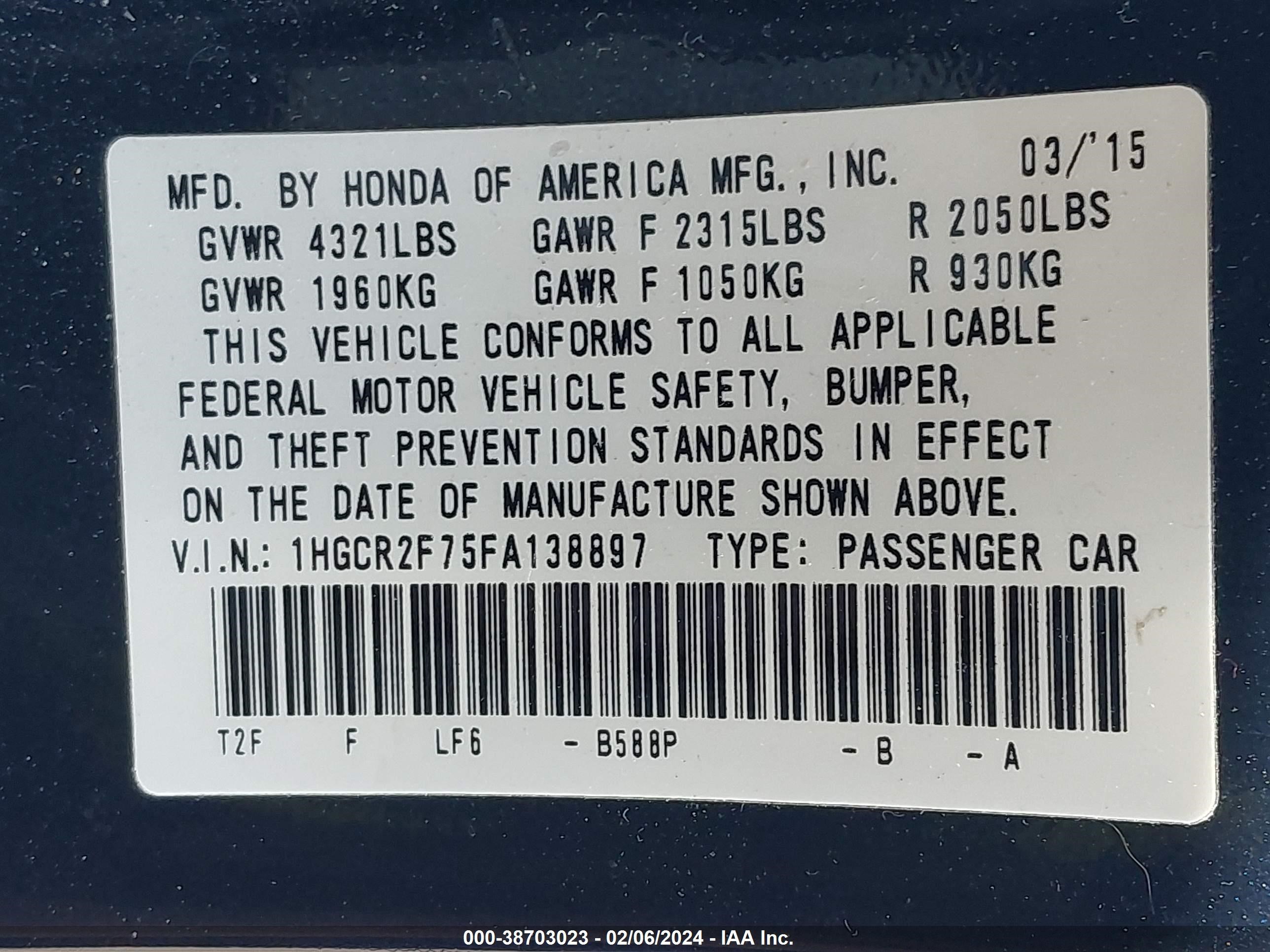 Photo 8 VIN: 1HGCR2F75FA138897 - HONDA ACCORD 