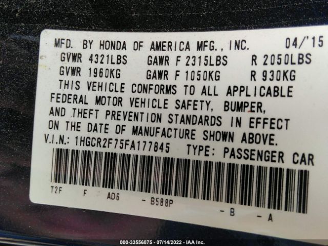 Photo 8 VIN: 1HGCR2F75FA177845 - HONDA ACCORD SEDAN 