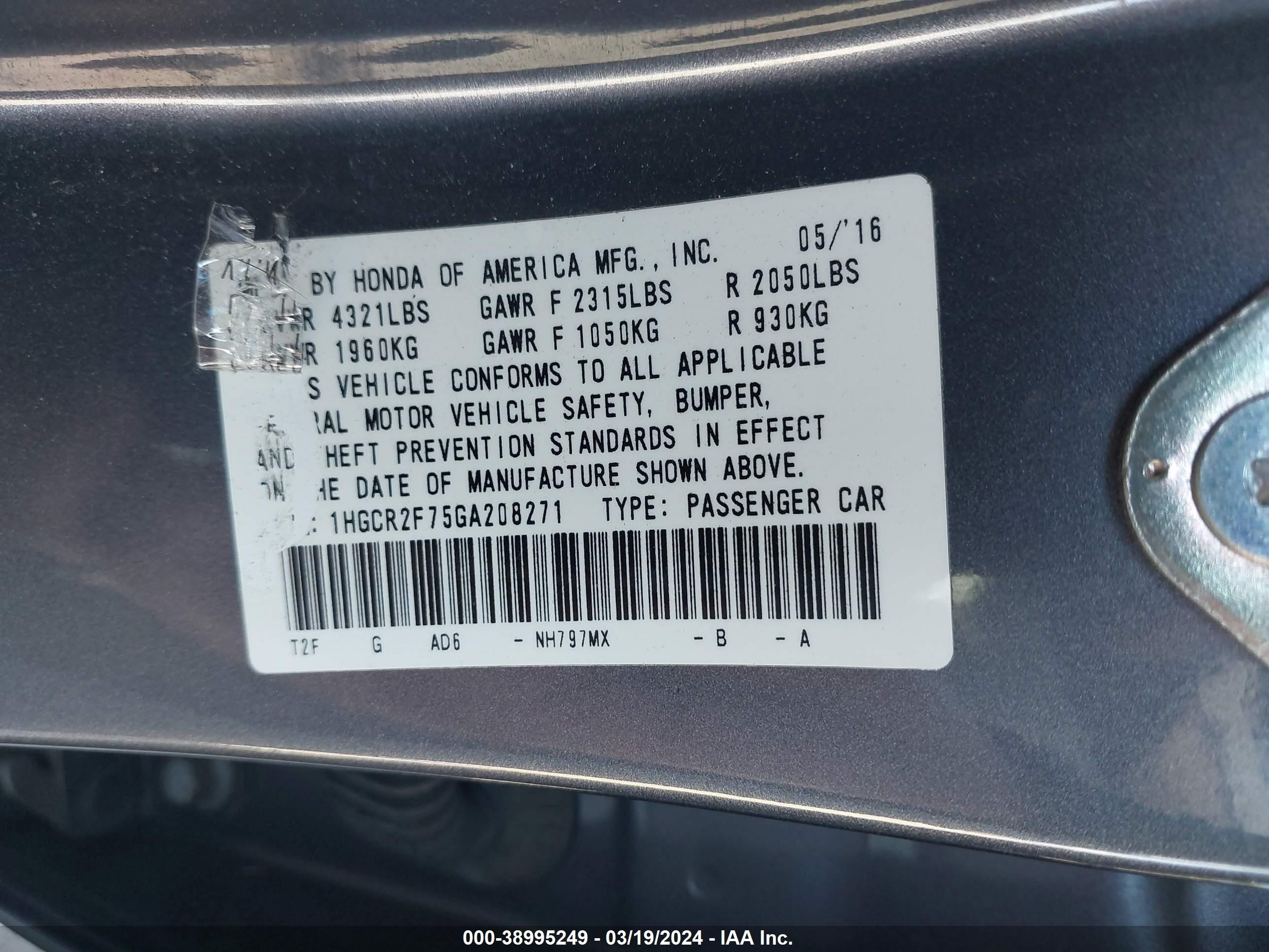 Photo 8 VIN: 1HGCR2F75GA208271 - HONDA ACCORD 