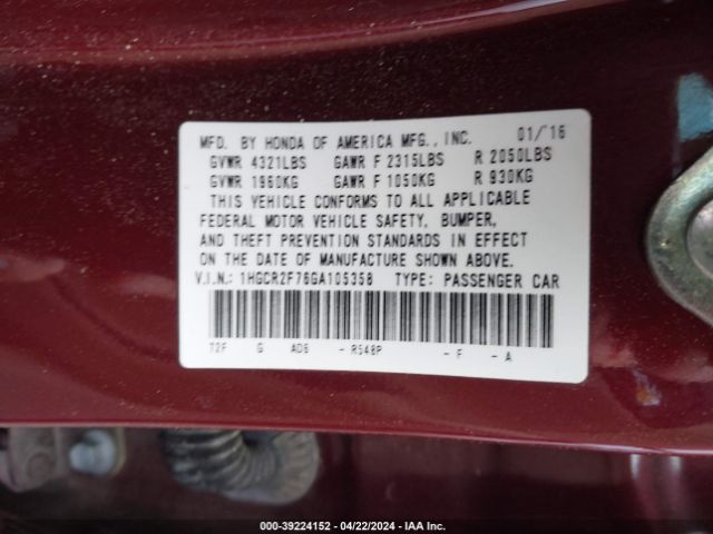 Photo 8 VIN: 1HGCR2F76GA105358 - HONDA ACCORD 