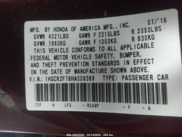 Photo 8 VIN: 1HGCR2F76HA008369 - HONDA ACCORD SEDAN 