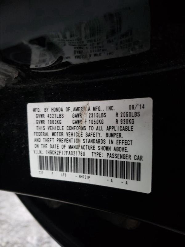 Photo 9 VIN: 1HGCR2F77FA021760 - HONDA ACCORD EX 