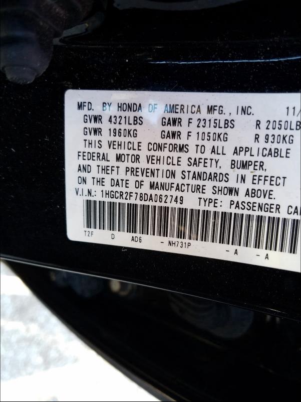 Photo 9 VIN: 1HGCR2F78DA062749 - HONDA ACCORD EX 