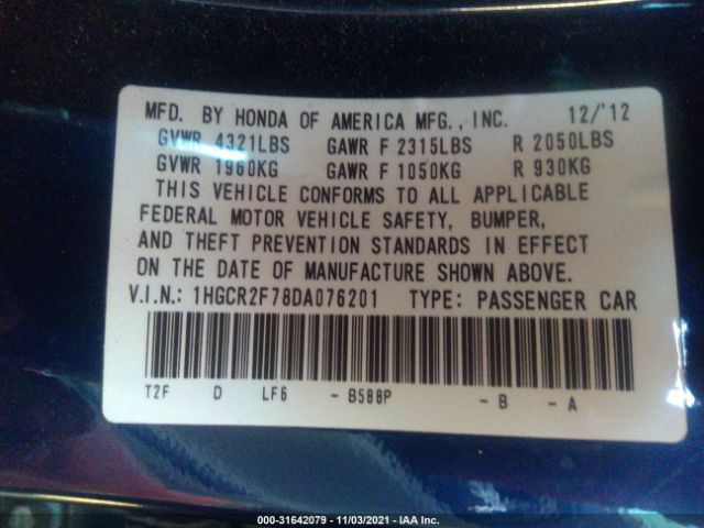 Photo 8 VIN: 1HGCR2F78DA076201 - HONDA ACCORD SDN 