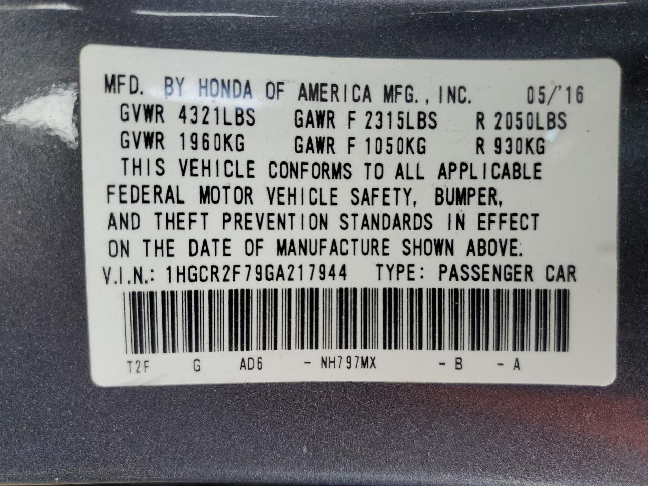 Photo 12 VIN: 1HGCR2F79GA217944 - HONDA ACCORD 