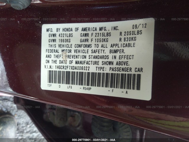 Photo 8 VIN: 1HGCR2F7XDA006022 - HONDA ACCORD SDN 