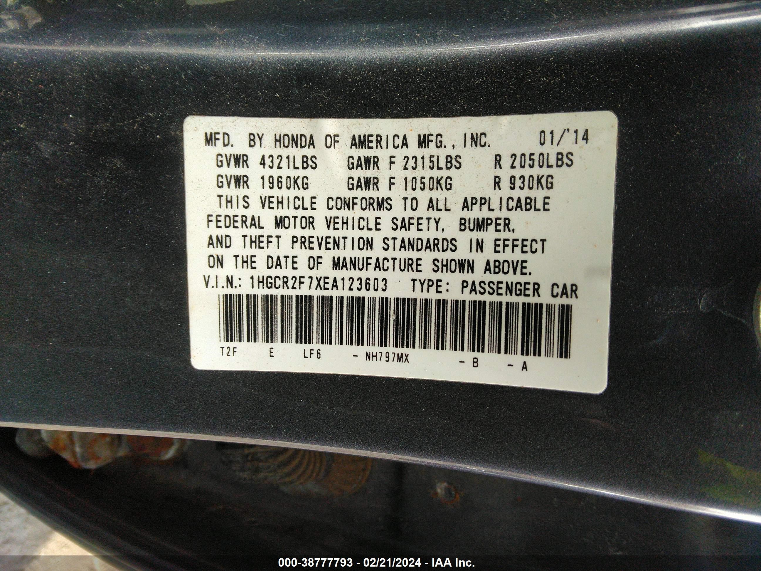 Photo 8 VIN: 1HGCR2F7XEA123603 - HONDA ACCORD 