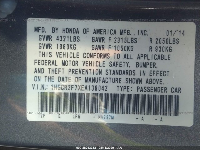 Photo 8 VIN: 1HGCR2F7XEA139042 - HONDA ACCORD SEDAN 