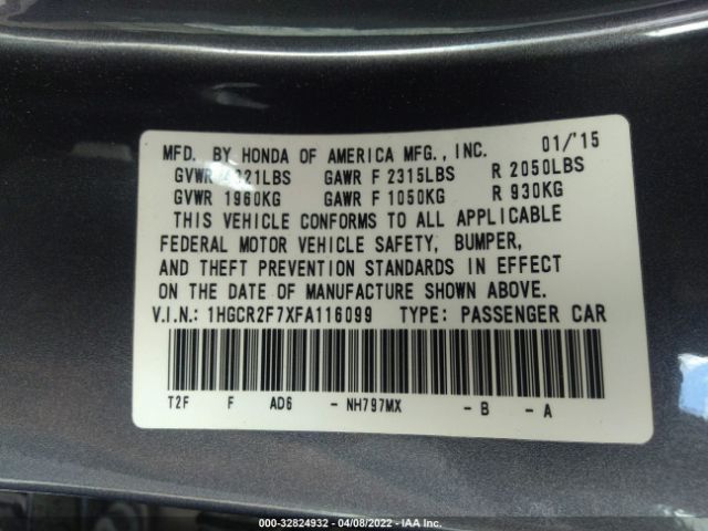 Photo 8 VIN: 1HGCR2F7XFA116099 - HONDA ACCORD SEDAN 