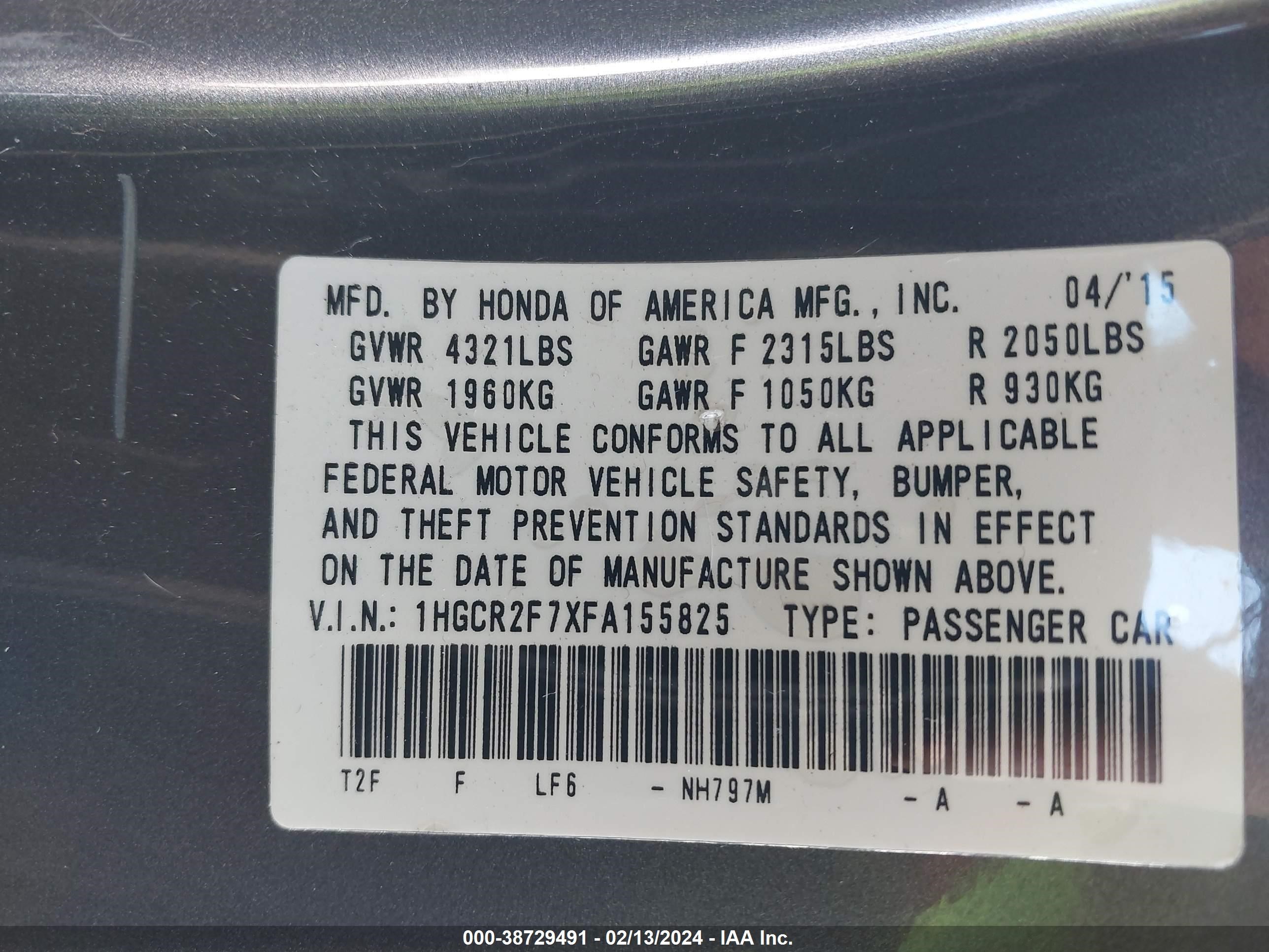 Photo 8 VIN: 1HGCR2F7XFA155825 - HONDA ACCORD 