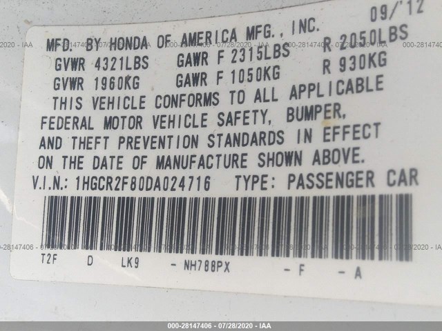 Photo 8 VIN: 1HGCR2F80DA024716 - HONDA ACCORD SDN 