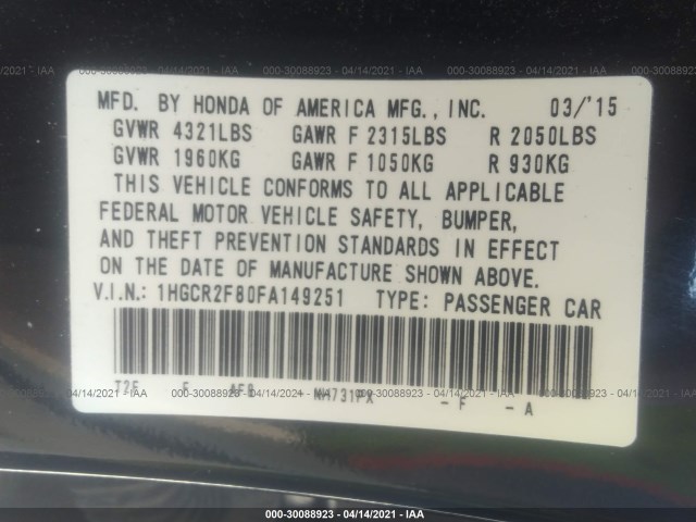 Photo 8 VIN: 1HGCR2F80FA149251 - HONDA ACCORD SEDAN 