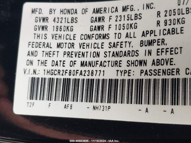 Photo 8 VIN: 1HGCR2F80FA238771 - HONDA ACCORD 