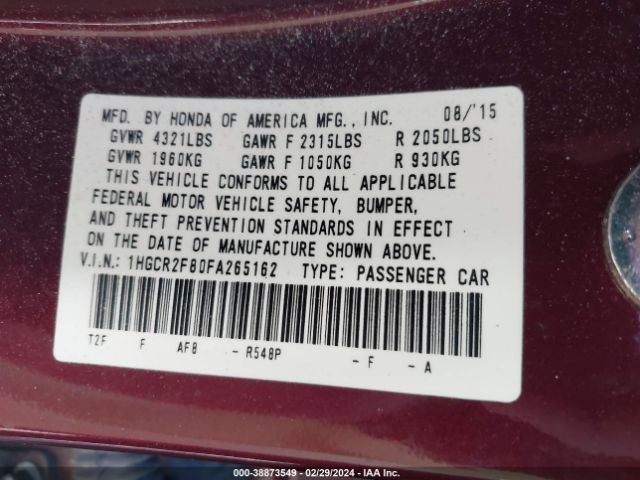 Photo 8 VIN: 1HGCR2F80FA265162 - HONDA ACCORD 