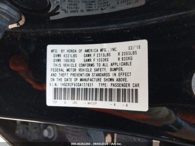 Photo 8 VIN: 1HGCR2F80GA137831 - HONDA ACCORD 