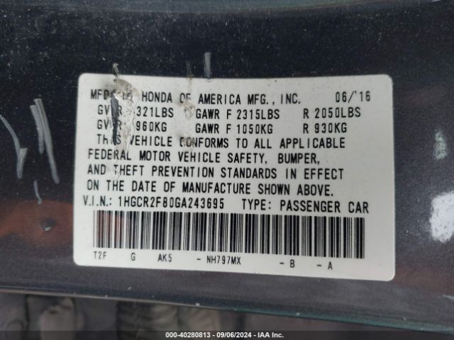 Photo 8 VIN: 1HGCR2F80GA243695 - HONDA ACCORD 