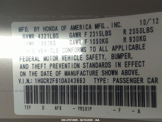 Photo 8 VIN: 1HGCR2F81DA043663 - HONDA ACCORD SDN 