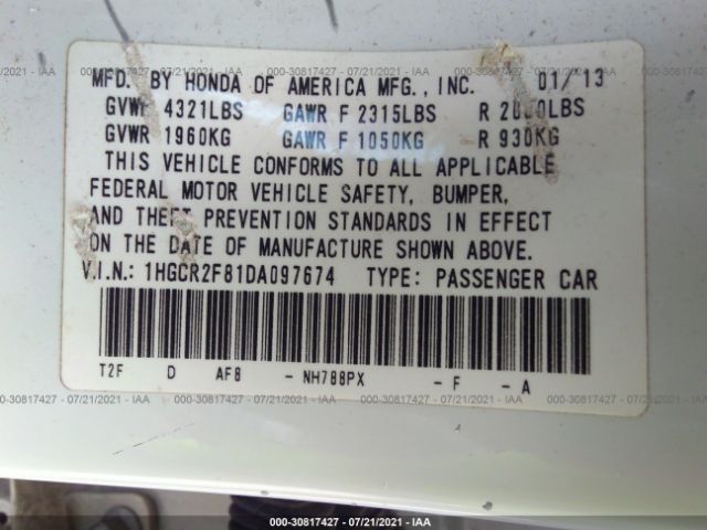 Photo 8 VIN: 1HGCR2F81DA097674 - HONDA ACCORD SDN 